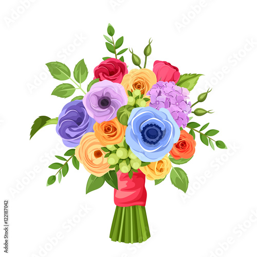 Print op canvas Vector bouquet of red, orange, yellow, blue and purple flowers isolated on a white background