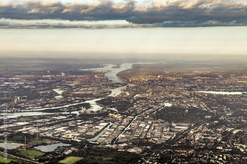Fototapeta premium aerial of Hamburg with harbor
