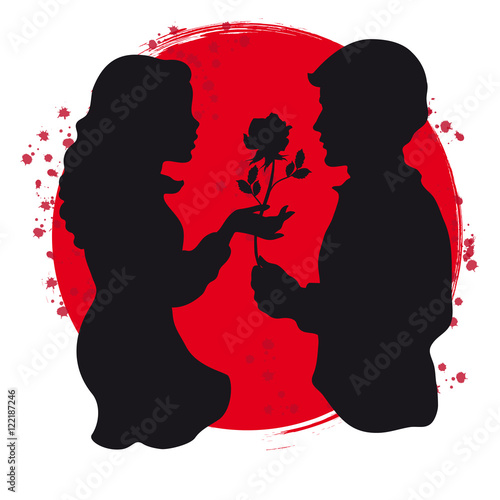 Silhouettes of Two Lovers with Rose