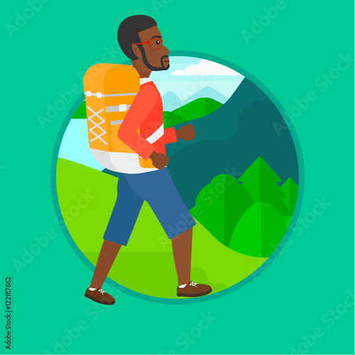 Tourist with backpack hiking vector illustration.