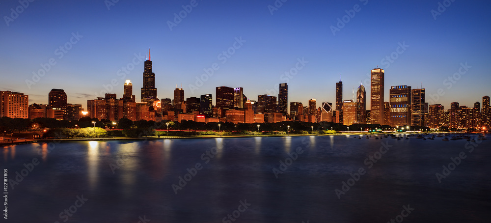 Chicago Skyline at Night over Lake Michigan
