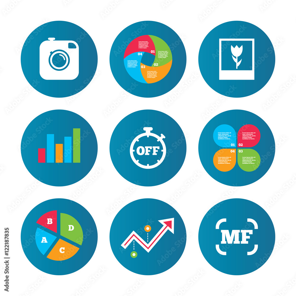 Photo camera icon. Manual focus and Macro signs. Photo camera icon. Manual focus and Macro signs.