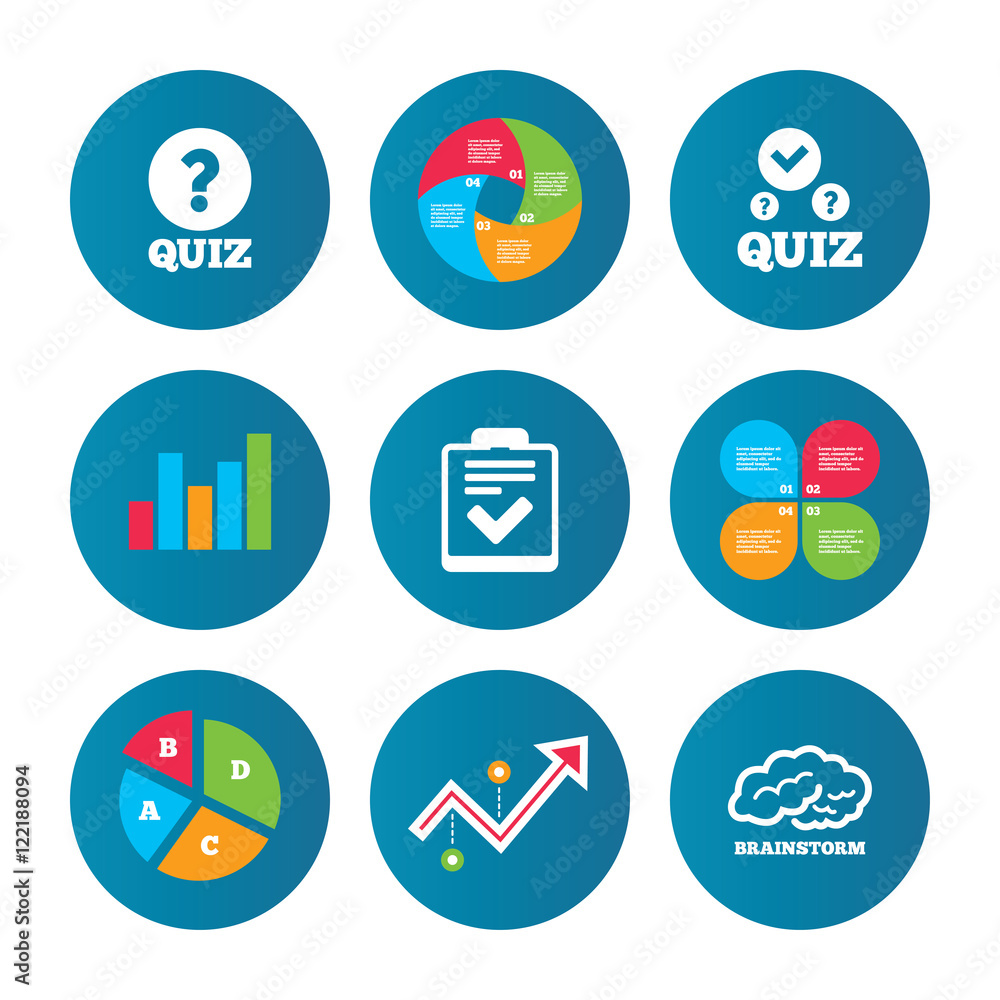 Quiz icons. Checklist and human brain symbols. Quiz icons. Checklist and human brain symbols.