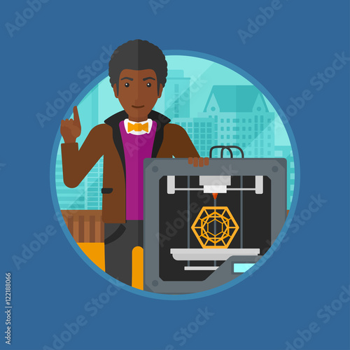 Man with three D printer vector illustration.