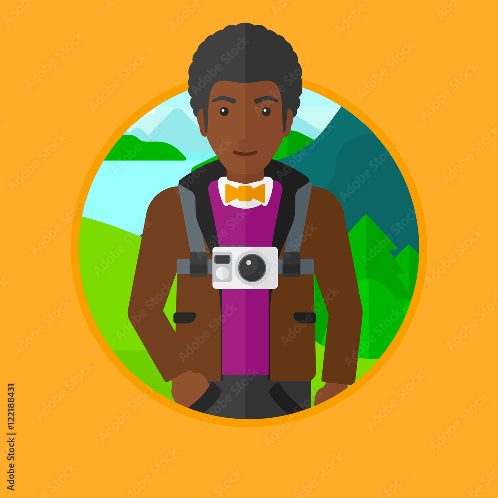 Man with camera on chest vector illustration.