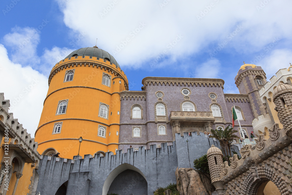 Pena Palace with clouds blue sky background, Sintra, Portugal 

