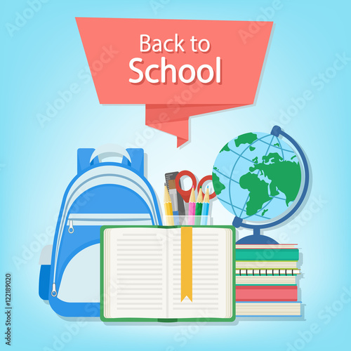 Back to school text on the red banner. Open book with a bookmark and school supplies such as a backpack, textbooks, notebook, globe, stationery set. Flat Style Education Concept. Vector illustration.