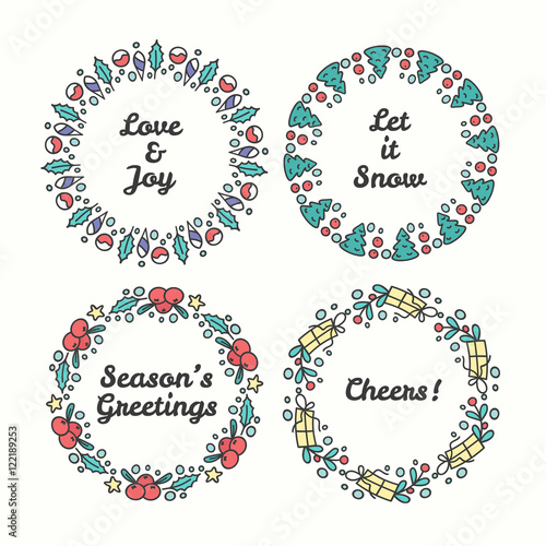 Christmas Wreath Set. Line Style Winter Collection.