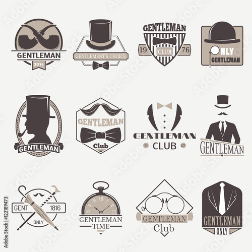 Vintage hipster labels bow gentlemens hipster icons. Vector illustration gentlemens hipster icons black silhouette. Gentlemens hipster icons fashion old accessory communication hat men item.