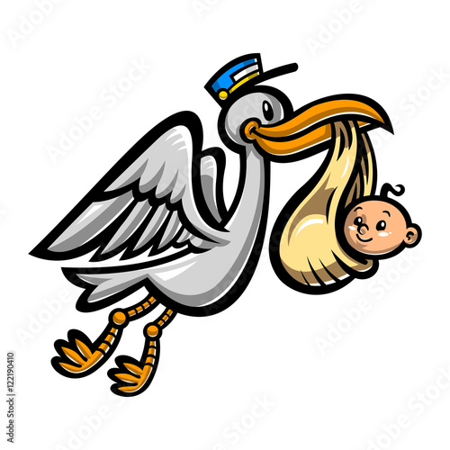 Cartoon Flying Stork Bird Delivering A Baby
