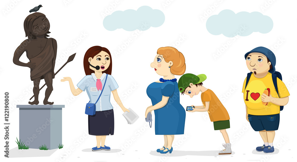 Vector illustration of funny tourist group on trips: plump woman, her son with tablet and heavy man. Museum guide shows them statue of antique warrior. Comic cartoon characters on white background.