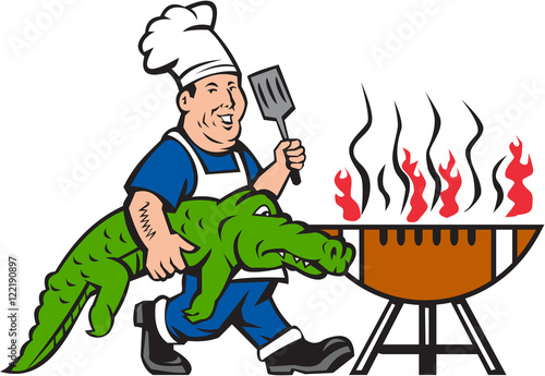 Illustration of a chef smiling carrying alligator in one hand and holding spatula in the other hand cooking with bbq grill viewed from front set on isolated white background done in cartoon style.