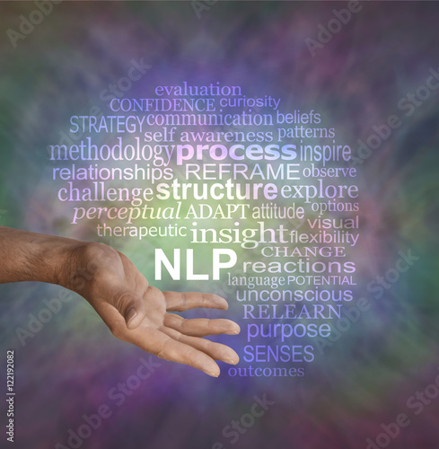 Fototapeta Naklejka Na Ścianę i Meble -  Offering Neuro Linguistic Programming NLP word cloud - male hand in offering gesture position with an NLP word cloud above on a muted multicolored vignette background