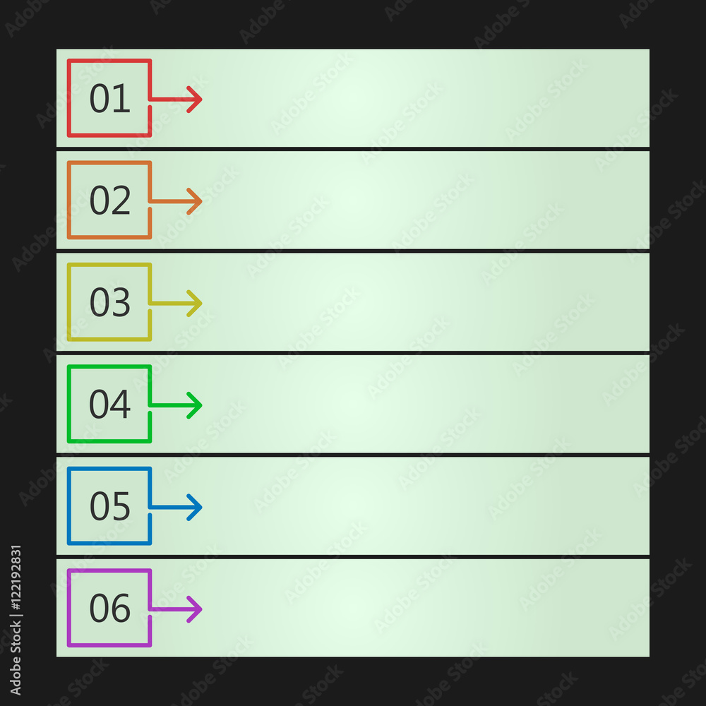 Six options list with numbers marks. Isolated on black background. Vector illustration, eps 8. Six options list with numbers marks. Isolated on black background. Vector illustration, eps 8.