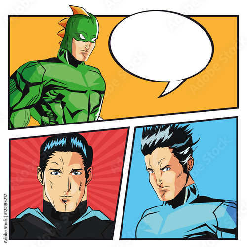 Superhero man cartoon with uniform icon. Costume and hero theme. Colorful design. Comic background. Vector illustration