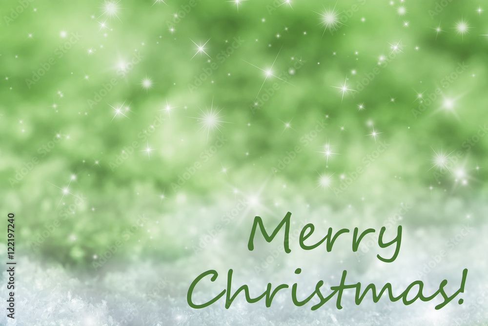 Green Sparkling Background, Snow, Text Merry Christmas
