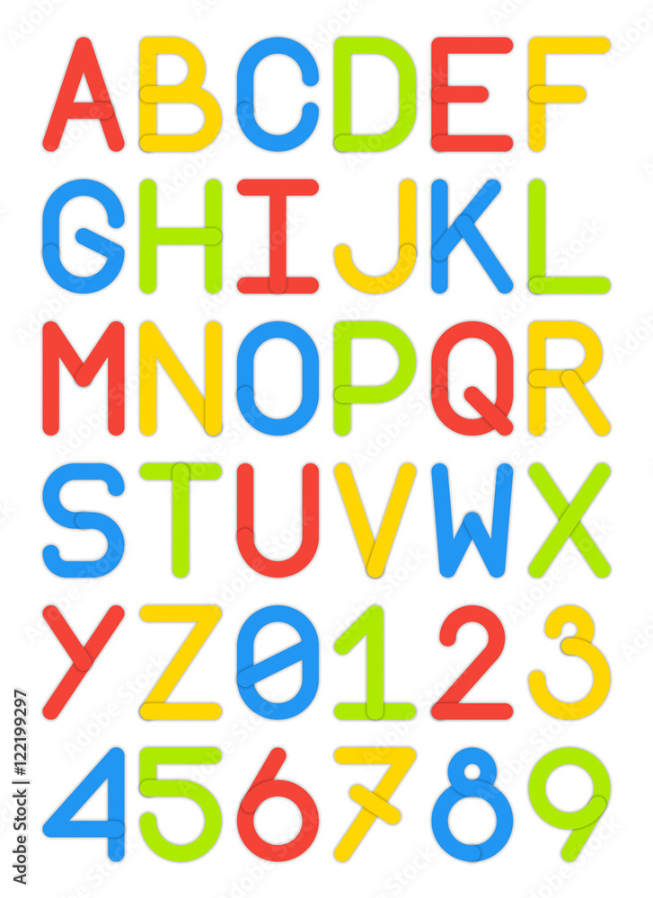 english font typeface capital letters and numbers modern style sans serif colorful red yellow blue green vector illustration
