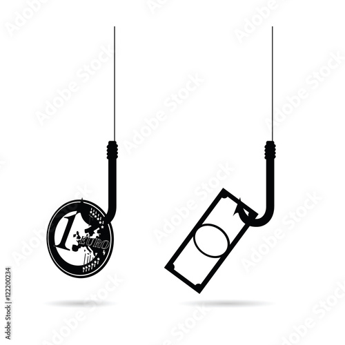 euro and money on hook in black illustration