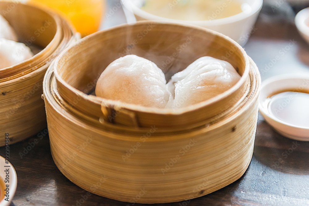chinese steamed dimsum in bamboo containers with soy sauce trad chinese steamed dimsum in bamboo containers with soy sauce trad