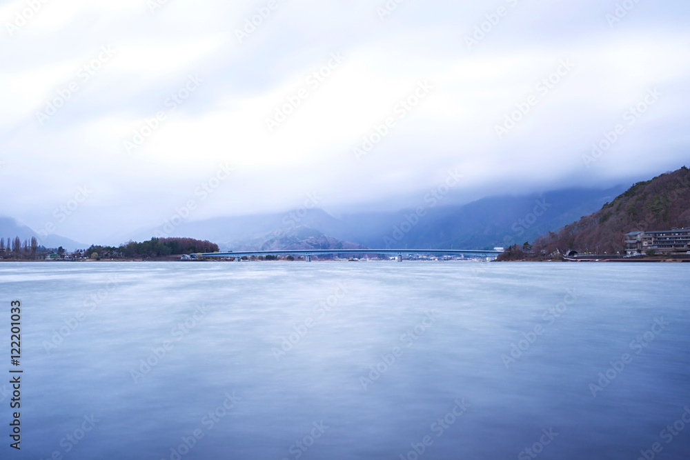 Lake Kawaguchi located at 	Yamanashi Prefecture, Japan.