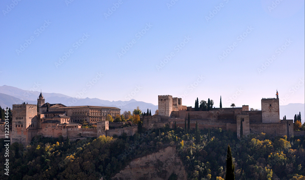 Alhambra moorish castle set atop a hill in Granada, Spain