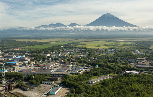 Yelizovo town and Avachinskaya group of volcanoes.