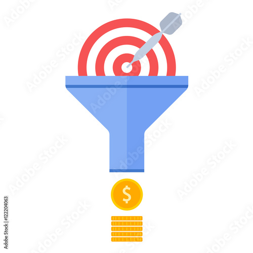 Funnel flow and targeting concept. Flat illustration of process of conversion effective marketing to money. Infographics vector elements for business presentations, publish, web, social media.