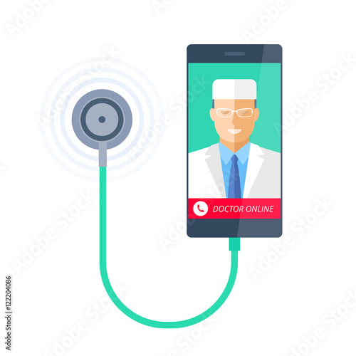 Smart phone with stethoscope and doctor online on the screen. Telemedicine and telehealth flat concept illustration of smartphone, medic and phonendoscope. Vector element for tele medical infographic.