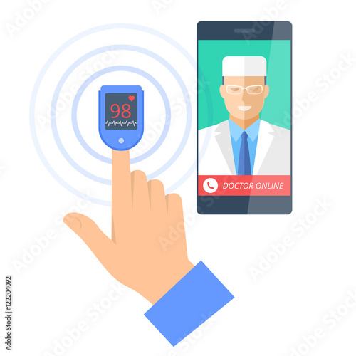 Smart phone with male doctor online on the screen and pulsometer on a finger. Telemedicine flat concept illustration of smartphone, medic and hand with cardiosensor. Vector design infographic element.