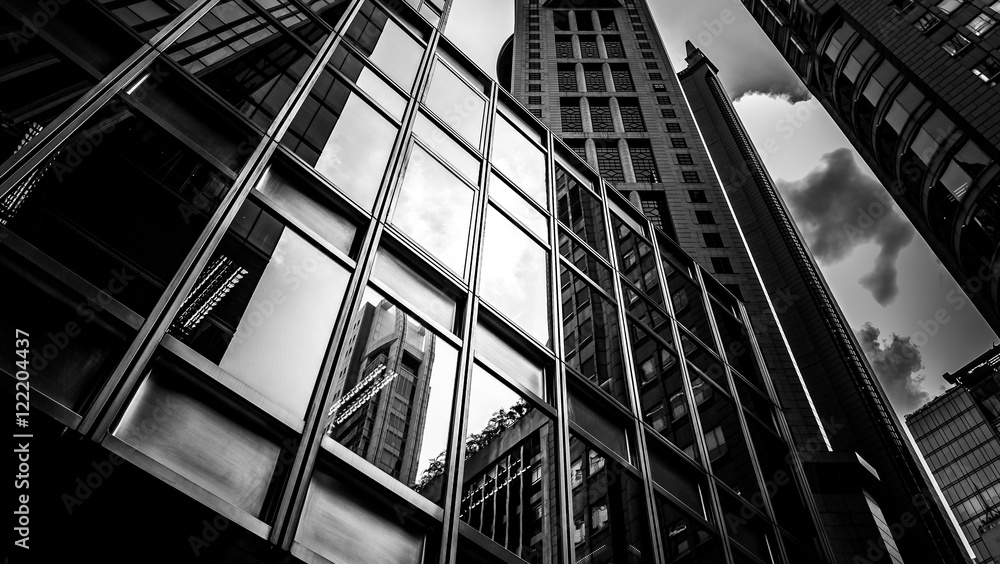 windows of business building with B&W color
