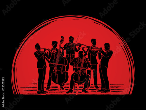Orchestra player design on sunset background graphic vector