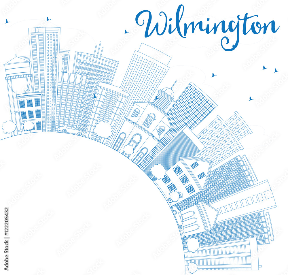 Outline Wilmington Skyline with Blue Buildings and Copy Space.