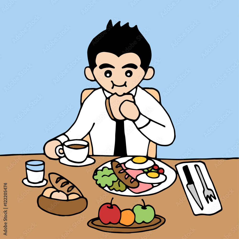 office man eating good breakfast nutrient in hurry meal, vector hand drawn  illustration design Stock Vector | Adobe Stock