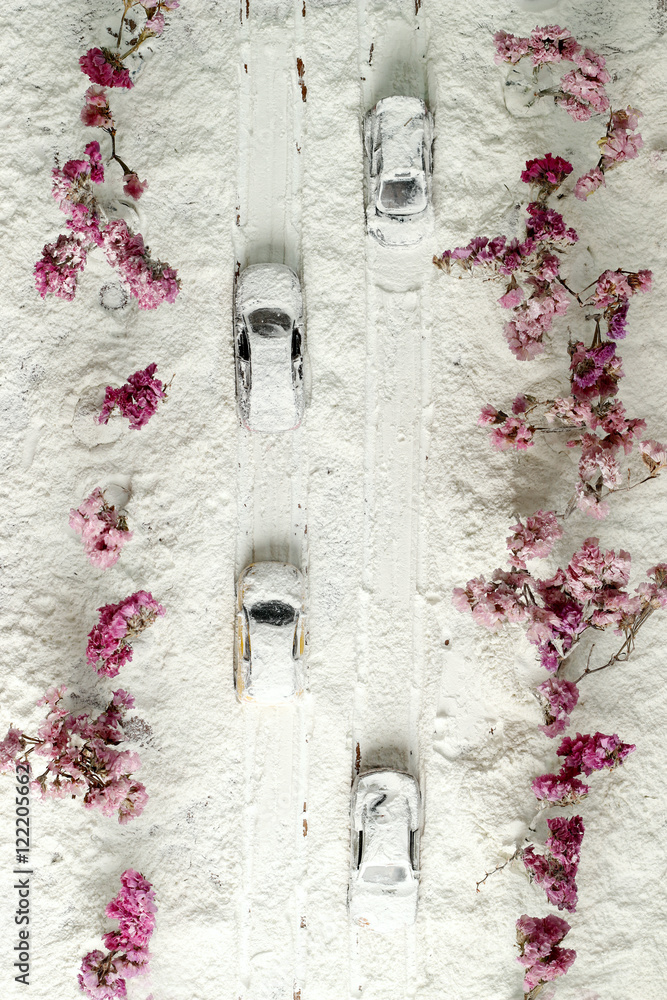 Car on the road with heavy snow.