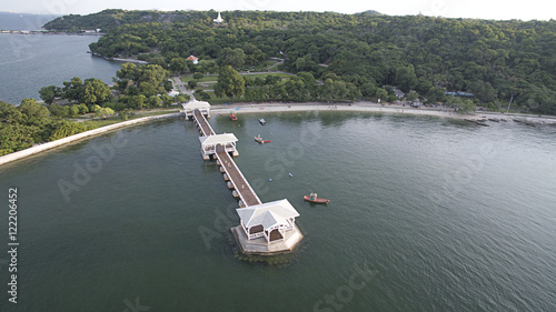 Aerial view, bird eyes view, wooden bridge name is 