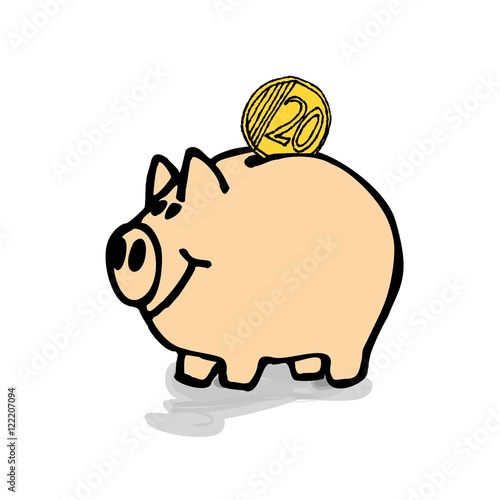 Illustration - von Hand gezeichnet -  handgezeichnetes Sparschwein mit 20-Cent-Stück  - Geld spenden verdienen sammeln sparen - gemalt Comic