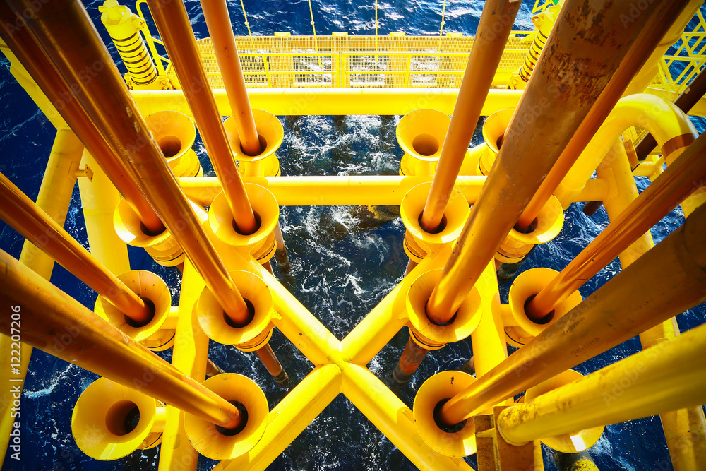 Offshore construction platform for production oil and gas, Oil and gas industry and hard work,Production platform and operation process by manual and auto function, oil and rig industry and operation.