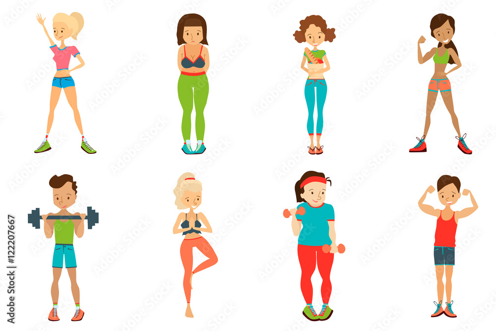 Flat Healthy Lifestyle Vector People Set Illustration with Fitness Girls and Fitness Guys Wearing Sportswear, Exercising with Dumbbells. Isolated Colorful Sport Illustration Collection Flat Healthy Lifestyle Vector People Set Illustration with Fitness Girls and Fitness Guys Wearing Sportswear, Exercising with Dumbbells. Isolated Colorful Sport Illustration Collection