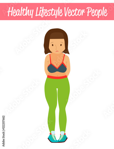 Flat Healthy Lifestyle Vector People Illustration with Heavy Fat Overweight Woman Wearing Sportswear, Being Sad and Frustrated. Isolated Colorful Weight Loss Illustration