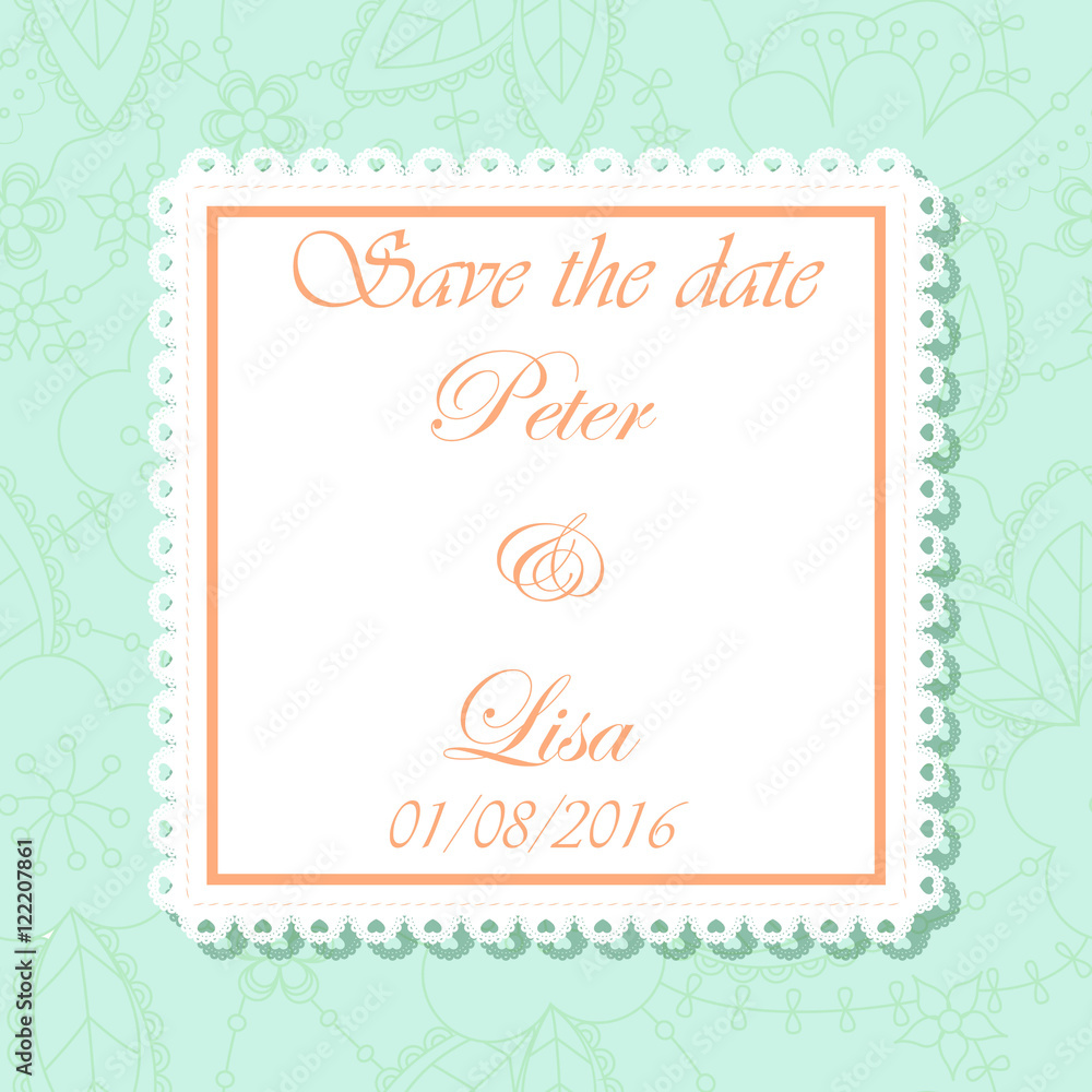 Wedding invitation flowers background mint and peach colros