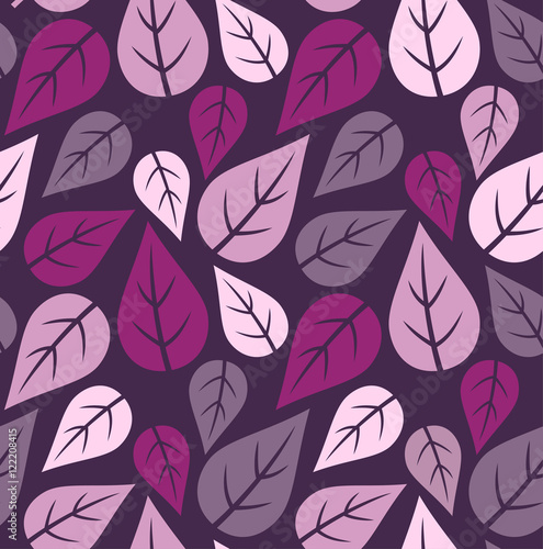 Seamless pattern with violet and pink leaves on dark background. Vector illustration