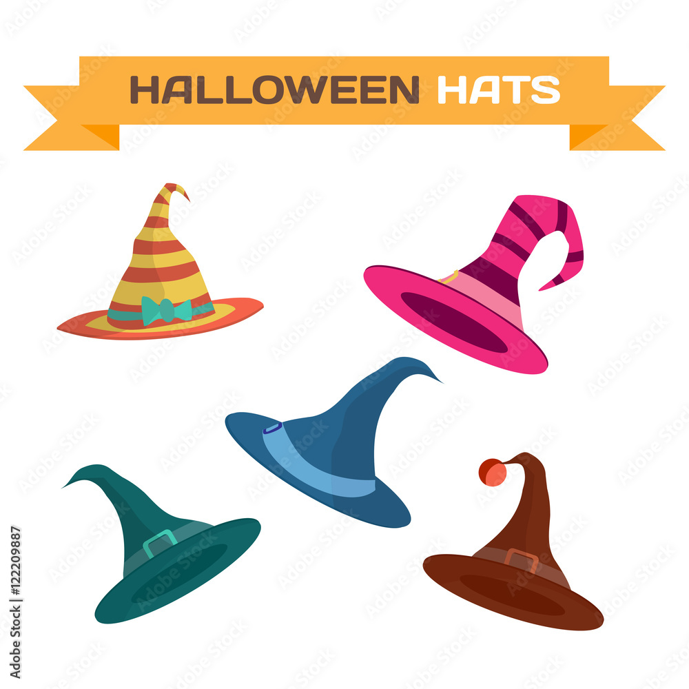 Obraz premium Set of multi-colored hats for Halloween. Vector flat cartoon ill