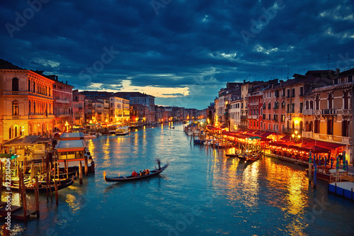 View on Grand Canal from Rialto bridge at dusk, Venice, Italy