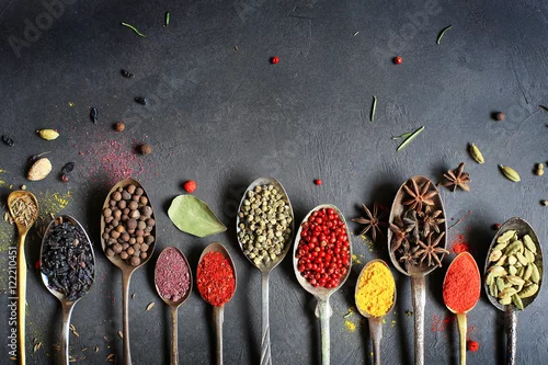 Obraz Karmowy tło z starymi rocznik łyżkami i pikantność