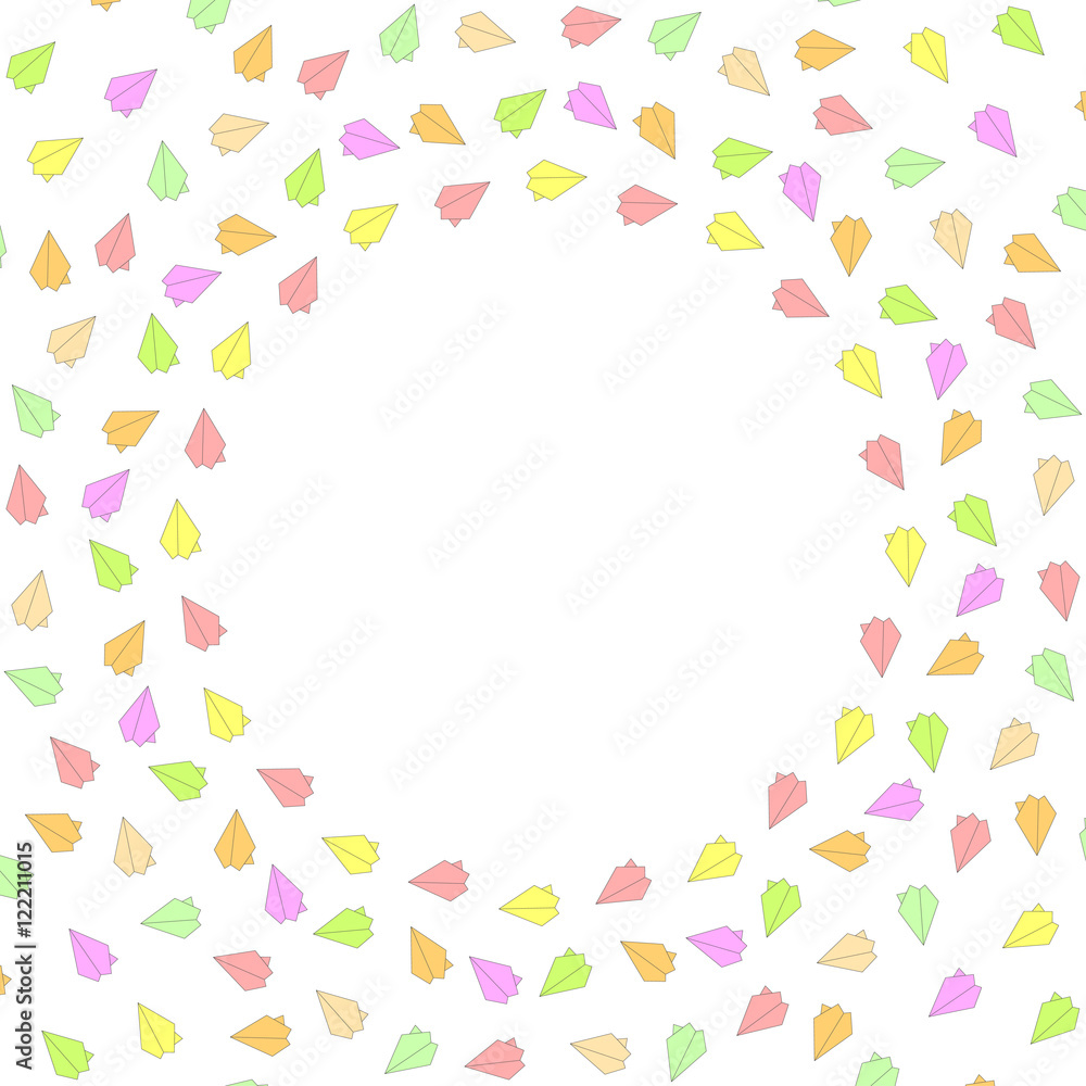 Cute funny background pattern border frame with multicolored pastel paper planes isolated on the white (transparent) fond. With space for invitations or greeting cards text. Vector illustration 