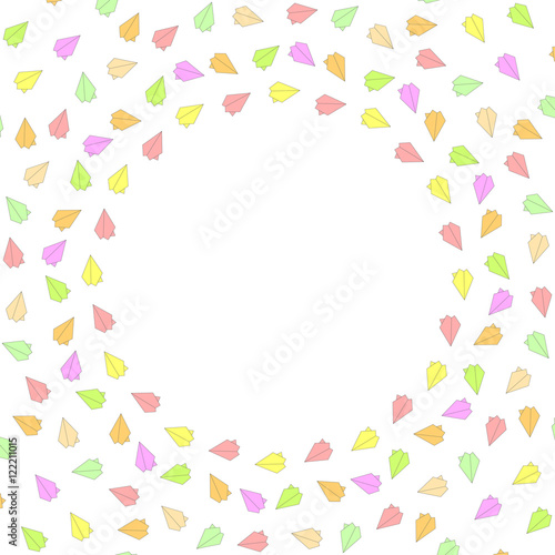 Cute funny background pattern border frame with multicolored pastel paper planes isolated on the white (transparent) fond. With space for invitations or greeting cards text. Vector illustration  © ards_art