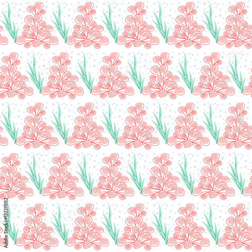 фотографія Cute funny seamless background pattern with many repeating corals seaweed and bubbles isolated on the white (transparent) fond