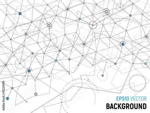 Abstract background. Vector gray lines and dots on white surface with some cyan circles. Points with connections - space map.  Futuristic science illustration.