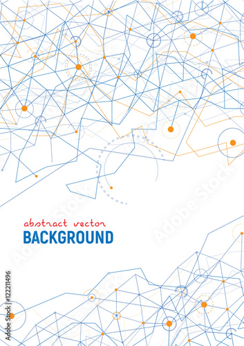 Abstract blue and orange background. Vector lines and dots on white surface with some circles and arcs. Points with connections - space map. Futuristic science illustration. Size A4.