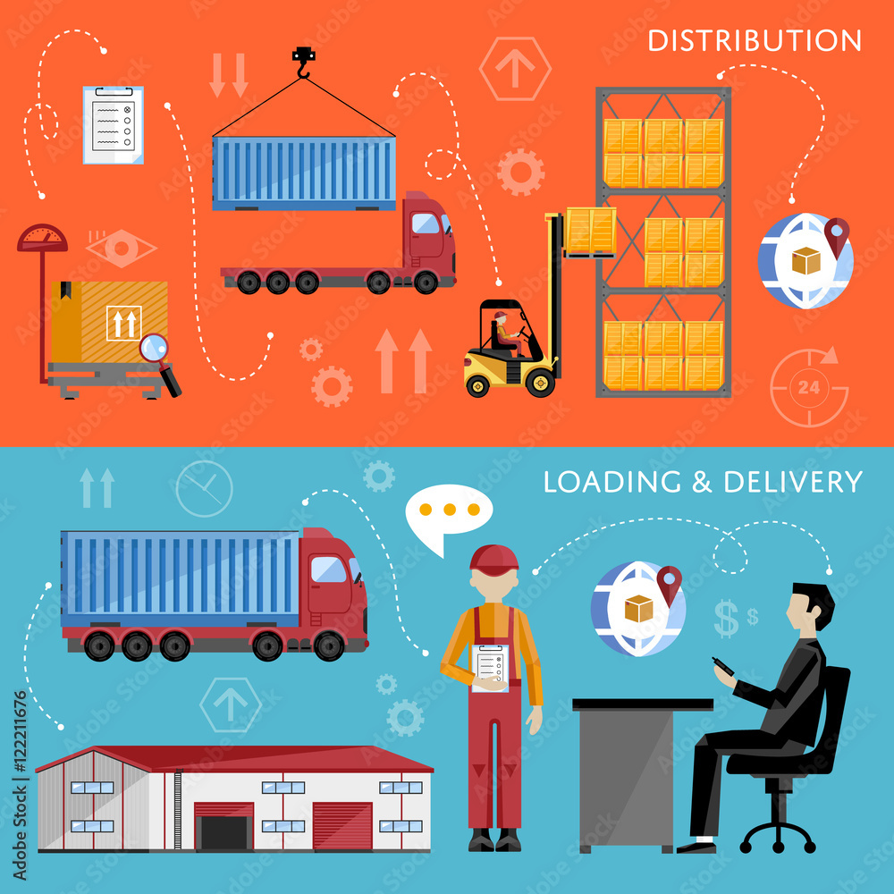 Warehouse process infographics. Porter on a truck to ship the goods. Warehouse management concept flat design vector illustration. Shipment and delivery banners set.